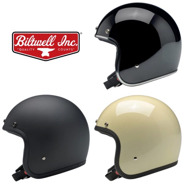 Assortment of Biltwell motorcycle helmets in different colors and styles.