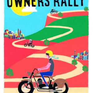 Colorful poster for 2022 Janus Motorcycles Owners Rally in Goshen, Indiana featuring stylized riders.