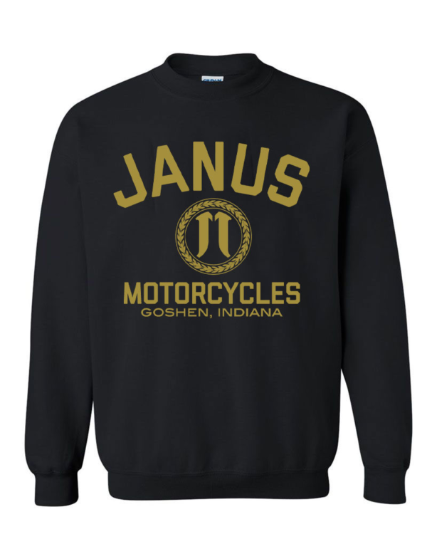 Black Janus Motorcycles sweatshirt with logo and Goshen, Indiana text.