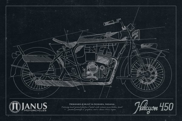 Technical blueprint of Janus Halcyon 450 motorcycle on dark background.