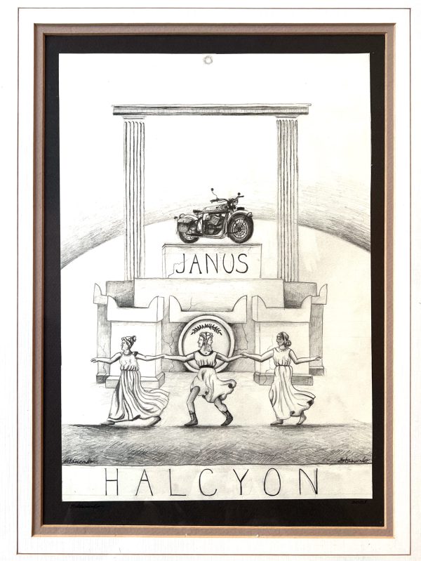 Pencil drawing of Roman temple with JANUS inscription, motorcycle on top, and three figures, titled HALCYON.