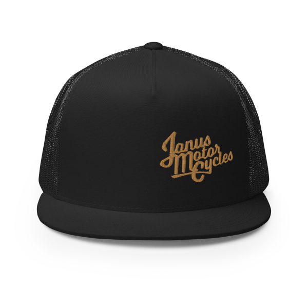 Black snapback hat with Janus Motorcycles logo embroidered in gold.