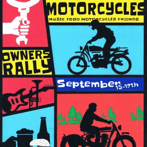 2023 Janus Motorcycles event poster with dates, food, and music themes.