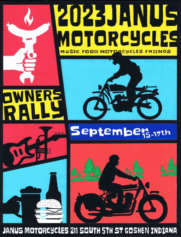 2023 Janus Motorcycles event poster with dates, food, and music themes.