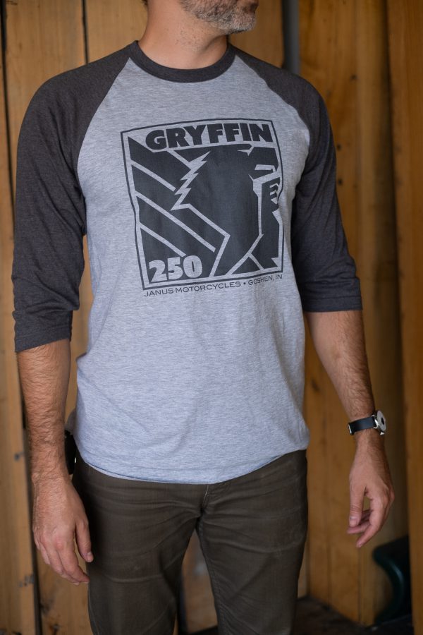 Man in Gryffin 250 Janus Motorcycles t-shirt with three-quarter sleeves.