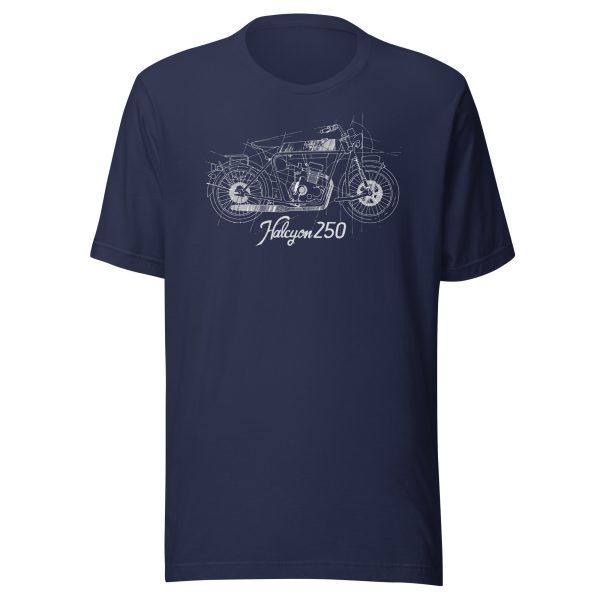 Navy blue t-shirt with white motorcycle graphic, Halcyon 250 text.