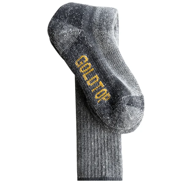 Gray thermal sock with yellow text on white background.