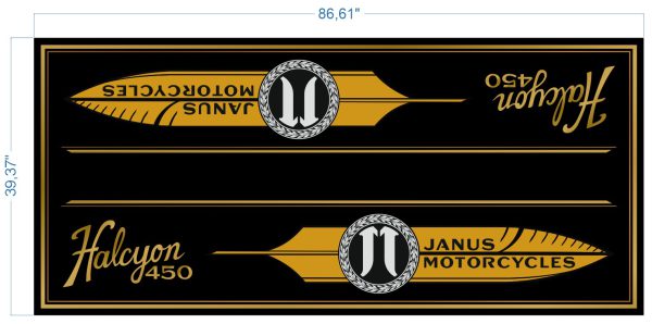 Janus Motorcycles Halcyon 450 banner design with logo and dimensions.