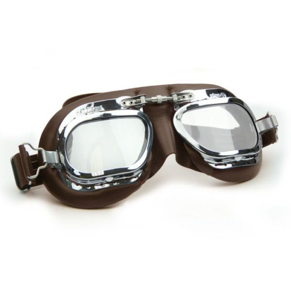 Vintage leather aviation goggles on white background.