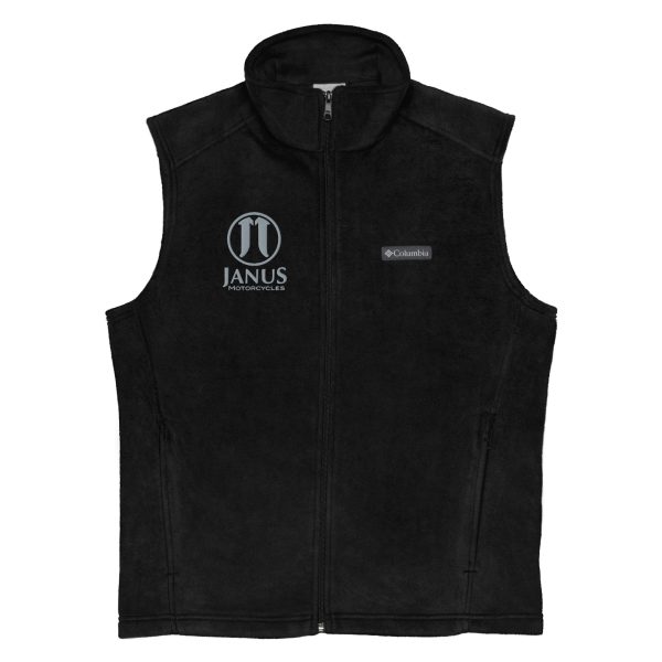 Black Columbia fleece vest with Janus Motorcycles logo on white background.