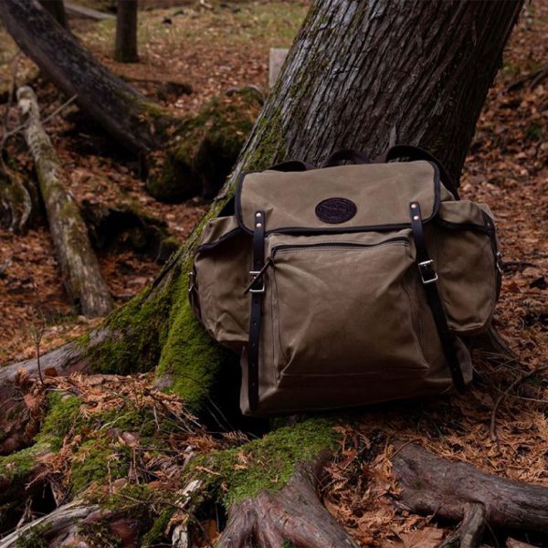 Green canvas backpack leaning against tree in a forest setting.