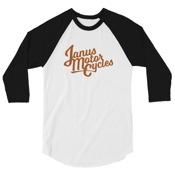 Black and white baseball t-shirt with 'Janus Motorcycles' logo.